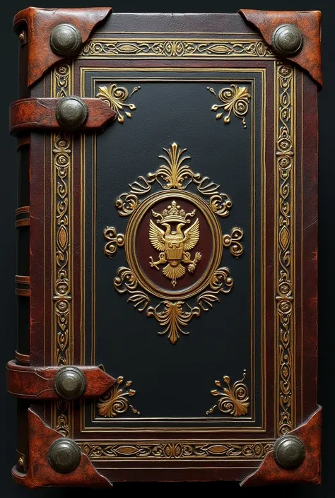 The leather bound book is 8”x6” in size with a hubbed spine and metal-covered corners. The covers are decorated with three rectangular bands comprised of classical iconography surrounding a central gold-leaf coat of arms that has long worn away into obscur...