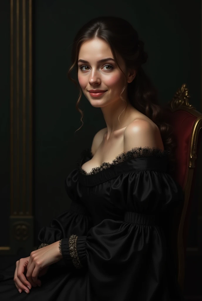 create an image of a white woman in a black dress like a medieval princess looking at me and smiling delicately,She is sitting on the left and has black hair,wavy and loose,Brazilian. the screen background is dark,she smiles,She is white