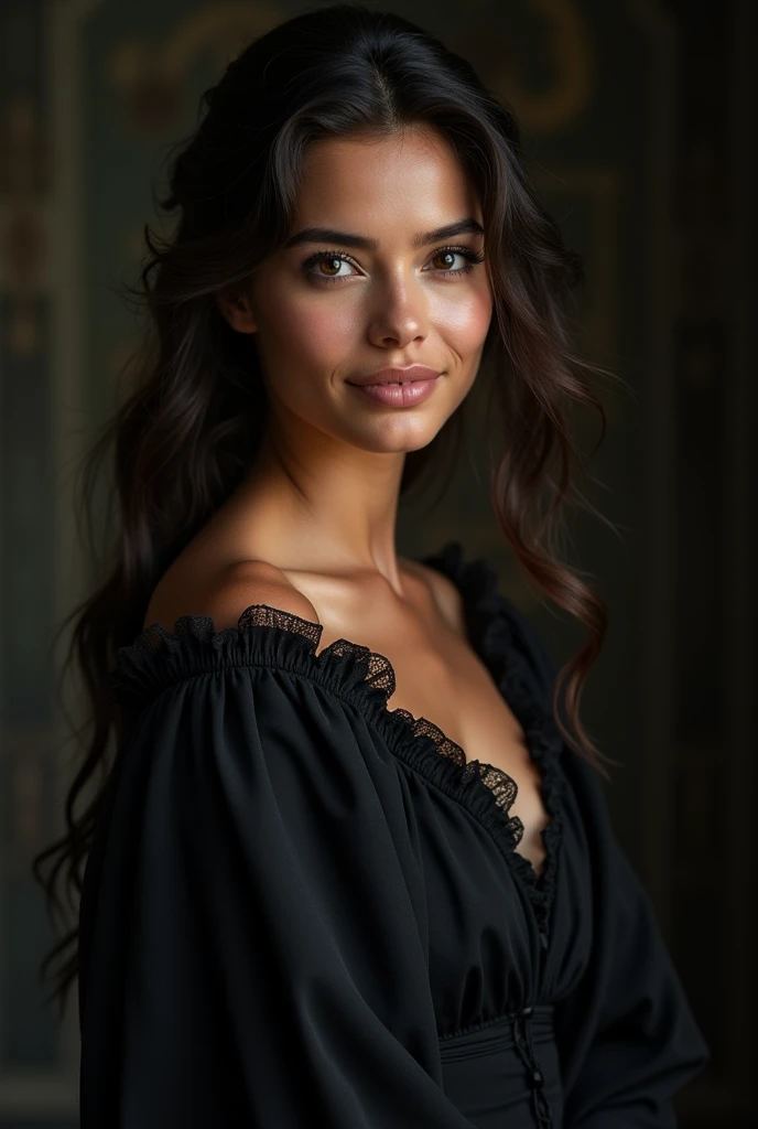 create an image of a white woman in a black dress like a medieval princess looking at me and smiling delicately,She is sitting on the left and has black hair,wavy and loose,Brazilian. the screen background is dark,she smiles