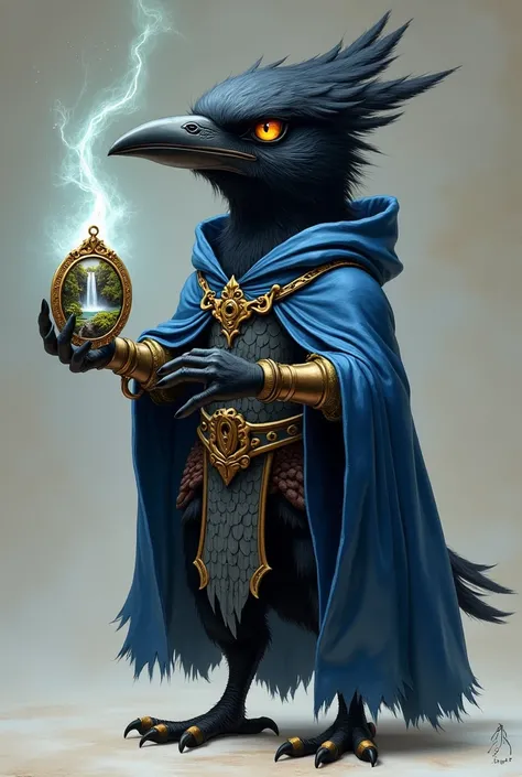 Kenku, Crow Human Hybrid, Very short, 2 foot 4 inches, holding an small amulet of a waterfall, wearing a blue cloak, wearing scale male, looking happy, holding a quill, casting light spell 