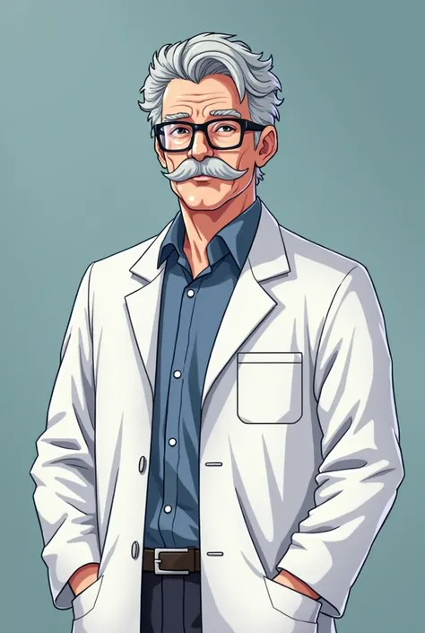 Hyc Sci, a Scientist, around 50 years old, white scientist coat, slightly gray hair, black frame glasses, not too big mustache, pixel ART, high resolution, anatomically correct, accurate、personagens de anime、Ilustração artística