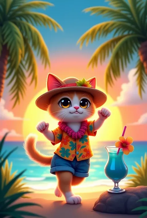 Cute cat with big eyes dancing in aloha shirt and short jeans。He is wearing a hat that says OHANA.。There&#39;s a hibiscus on the hat。A lei is hanging around his neck.。short tail。
Vibrant sunset and glow on the shore of a blue beach。Blue tropical juice on a...