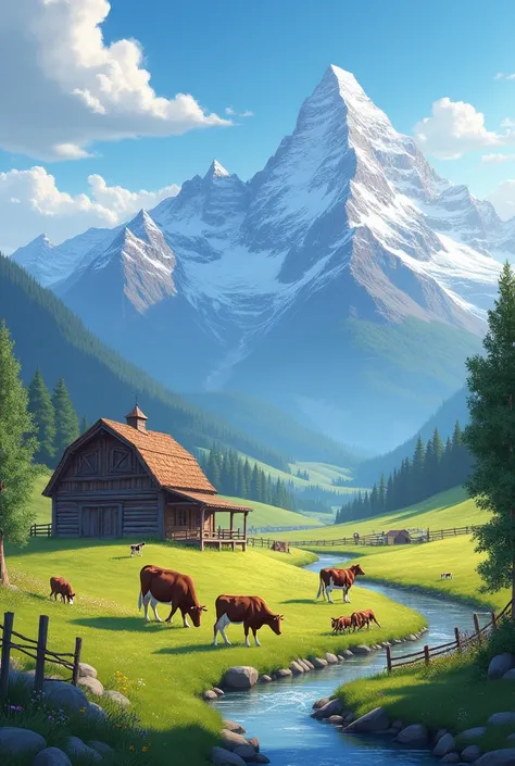 A farm with mountains and cows 