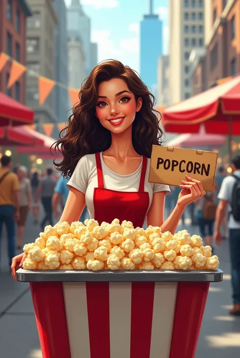  BRUNETTE WITH LONG, CURLY HAIR HOLDING A SIGN SELLING POPCORN