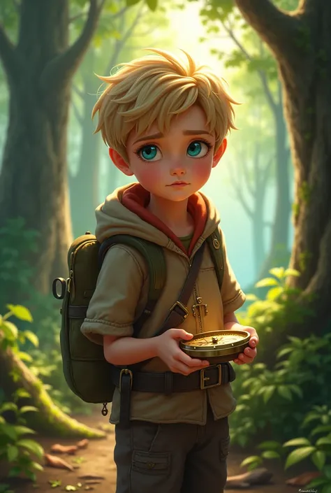 A compass held by a  boy with blond hair in the woods 