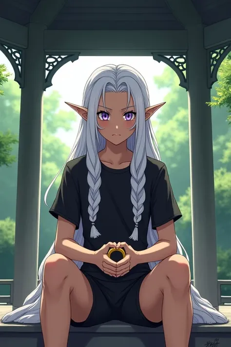 Anime half elf with braided long white hair, purple eyes, tan skin, wearing a black training shirt, black trainig shorts, sitting on the gazebo while holding a ring