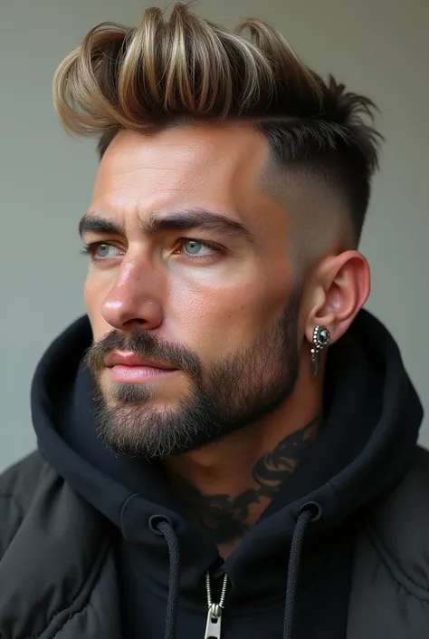 man with a thin beard and medium dark blond hair, with ear and nose piercings