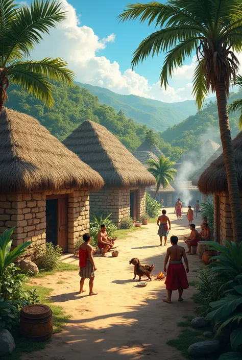 everyday life: You could represent a Mayan village with stone houses and palm roofs., showing people doing everyday activities like cooking on stoves or knitting.

