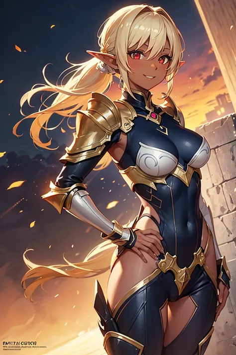 Beautiful images,Detailed Images,Official image,(Background of the base),One Woman,Blonde,Red Eyes,Ponytail Hair,Model body type,(Dark Skin:1.3),Elf Ears,Large Breasts,(Bioarmor:1.3),Smile small,