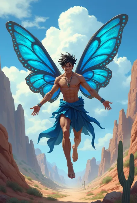 A small male fairy with blue wings flying around, resembling Puck from Berserk. The character is to be styled in a fantasy RPG art style, set in the Wild West. He is a mature man and finished art.