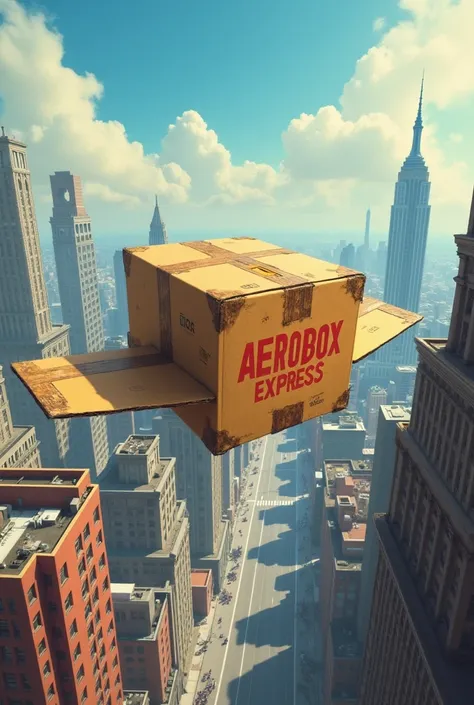 a cardboard box with wings flying over a city with the words &#39;AeroBox Express&#39; written on it