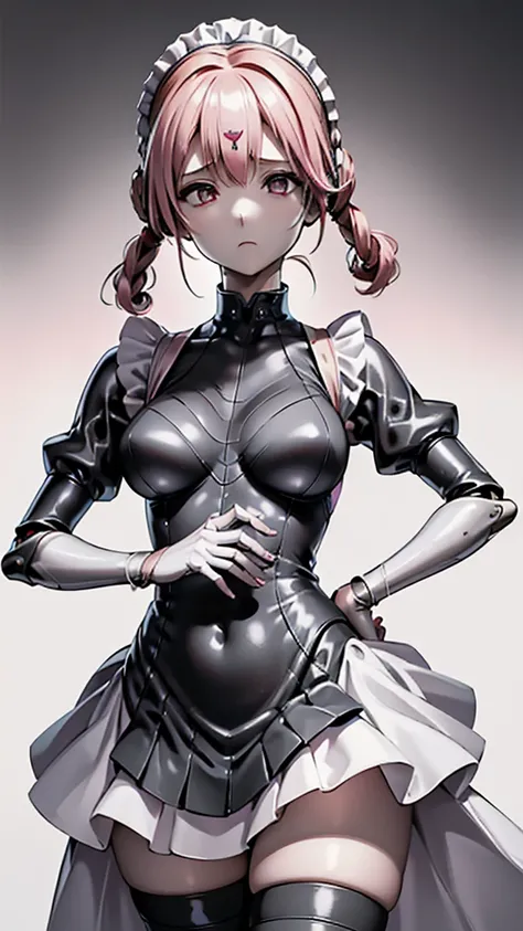 One girl, solo, High resolution, Gaze, accurate, Highest quality, Ultra high definition, Shortcuts, Metal life forms、((Android、maid型、maid))、future、Strengthen the outer frame、clear、(saturated color、White body)、Handgun、(Pink、maid服、Metal parts)Pinkの目