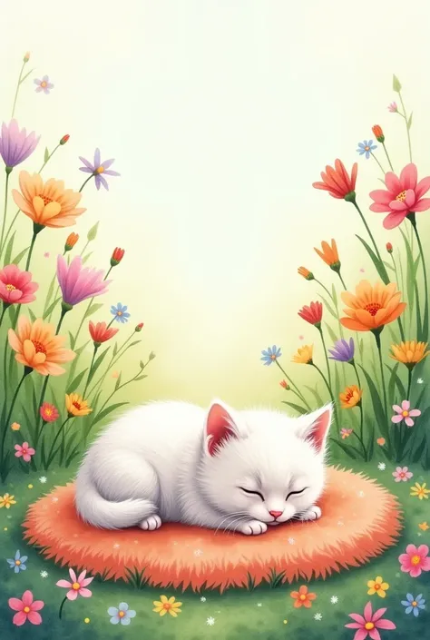 (work of art:1.2, highest quallity),(very detailled),(((water colour))),8k,wall-paper,a white furred kitten, lying on a plush rug, in a field full of beautiful flowers