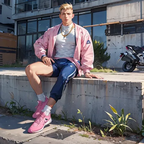 in a vacant lot in the suburbs, one preppy dapper brown undercut haired man with massive siliconed lips, in pink sheer socks, in...