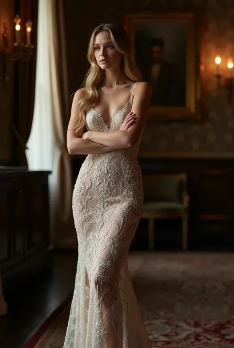 long straight hair, intricate lace dress with a subtle pattern, elegant and fitted, no visible accessories, arms crossed, standing pose, looking away from the camera, smooth fair skin, indoor setting with dark, ornate background, soft lighting from the fro...