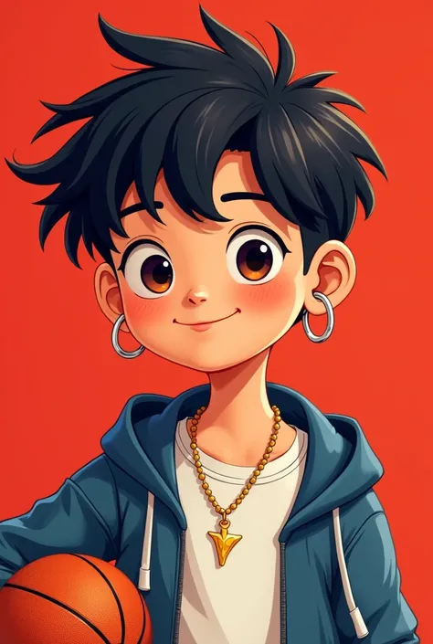 Cartoon Style Close-Up: A Chinese boy with messy hair and wearing a gold pendant necklace and silver earrings. He is dressed in a T-shirt and a hooded jacket. The background is a solid vibrant red color, and he is holding a sports ball.