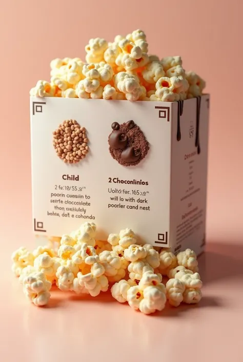 (Photorealism:1.2), logotipo using the text: Oii ,I&#39;m Amanda from 1C and I&#39;m selling delicious gourmet popcorn ·flavors:
-Child ( popcorn with white chocolate and nest)
-Choconinho ( popcorn with dark chocolate and nest)

·Package size: 50 grams ·V...