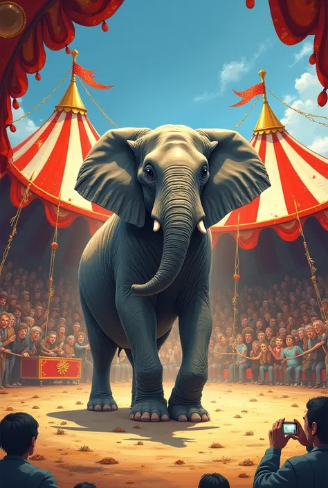 Sketch of an elephant performing a show inside the circus