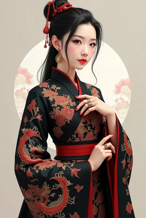 Wearing traditional black and red clothing，There are complex phoenix cloud patterns on it, Matching earrings and rings, Her hair is in a bun，Wears a red hair ornament. Her posture is slightly tilted，One hand on chest, Looking beyond. Soft and balanced ligh...