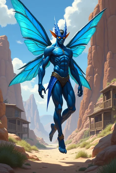 A small, bright blue male fairy with blue flying wings looks like Puck from Berserk. The character is to be styled in a fantasy RPG art style, set in the Wild West. He is a mature man and finished art.