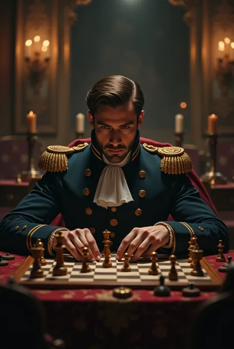 Create the Emperor Napoleon Bonaparte (without beard) While hes playing chess in a large room and his face Is Little covered in darkness and hes sitting