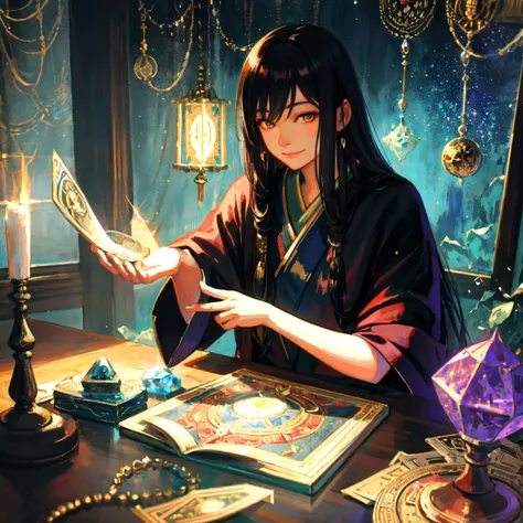 Impressionist paintings, Realistic, A smiling young Asian woman, fortune teller, Tarot cards and crystals on the table, View your viewers, Mysterious, Magic, Shine, Shineing, dark Magic lighting, Sulky, Cinematic, Shine, Sparkling, darkness 