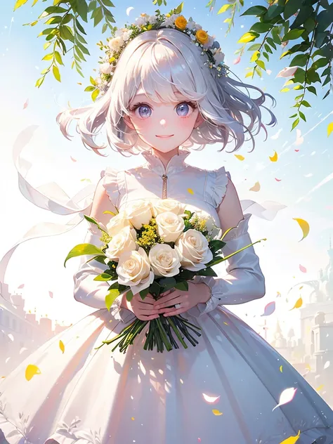 (masterpiece、Highest quality、Highest quality、Beautiful and beautiful:1.2)、(Perfect Anatomy:1.2)、Milky white straight hair girl、White costume、A radiant smile、Sparkling eyes、Looking into the camera、Flowers and leaves on head、Holding a bouquet、Rose