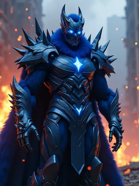 **Upgraded Prompt:**

*(Extremely detailed 8K wallpaper)* A medium shot of a formidable character named Grim, transformed into a terrifying masked supervillain. Grim is clad in a dark sapphire blue metallic, spiked armor that radiates an ominous glow, made...