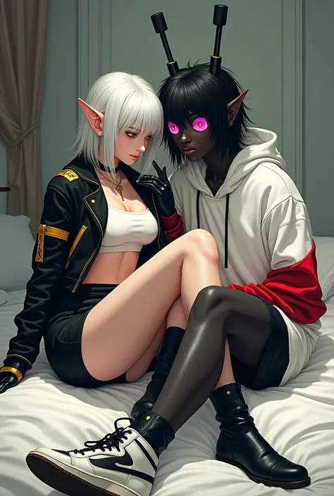 drawing style. Beautiful woman with very short white hair, with elf ears and yellow eyes. She is wearing a white crop top, black short jacket with gold details, Short black shorts, Black boots and gloves with subtle gold details. sitting on a big bed, and ...