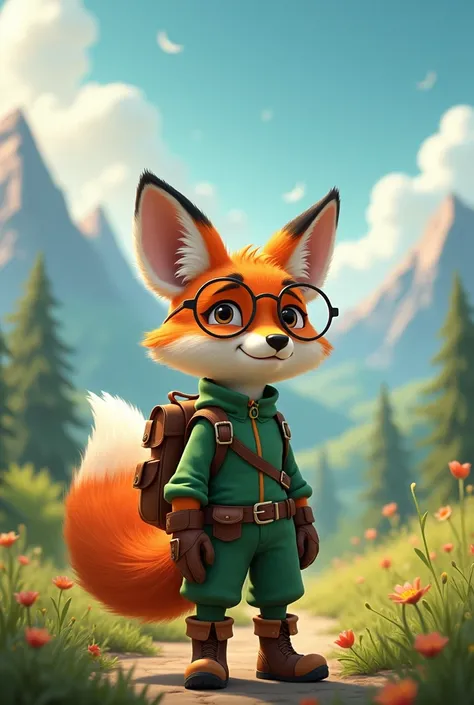 fantasy atmosphere, A furry fox, With green clothes, adventurous, with his backpack and glasses, ready for a fantasy trip 