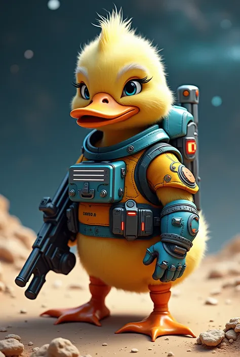 Duck in futuristic space ranger outfit with two submachine guns 