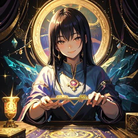 Impressionist paintings, Realistic, A smiling young Asian woman, fortune teller, Tarot cards and crystals on the table, View your viewers, Mysterious, Magic, Shine, Shineing, dark Magic lighting, Sulky, Cinematic, Shine, Sparkling, darkness 