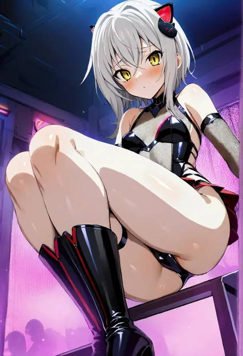 NSFW,masterpiece,Highest quality,High resolution,Very detailed,Tacheng kitten(High School DXD),Gray Hair,Short Hair,Yellow Eyes,Small breasts,leotard,mesh,High leg,Removable sleeves,Micro Mini Skirt,Knee-high boots,Assassin,Nightlife,cyber punk