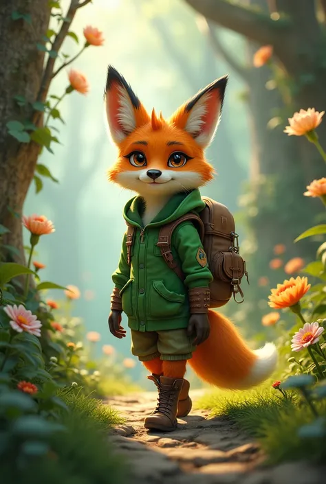 fantasy atmosphere, A furry fox, With green clothes, adventurous, with his backpack 