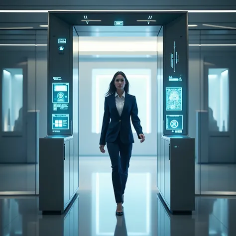 very technological image with a businesswoman passing through an access control machine. 