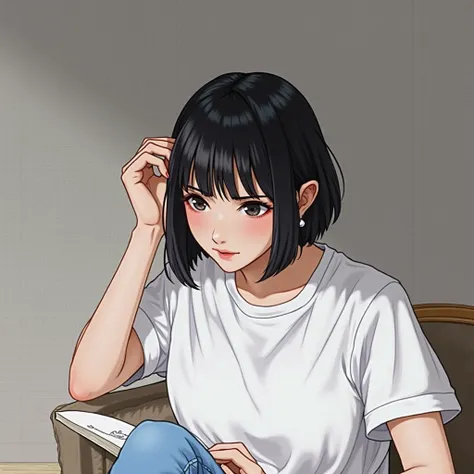 masterpiece, best quality, high detailed, concept art, (anime:0.55), (nsfw:0.25), sitting in chair, wolf cut hair style, short black hair, pretty eyes, plain clothes, normal clothing, cowboy shot, pretty, very pretty, beautiful lighting, pretty girl, big b...