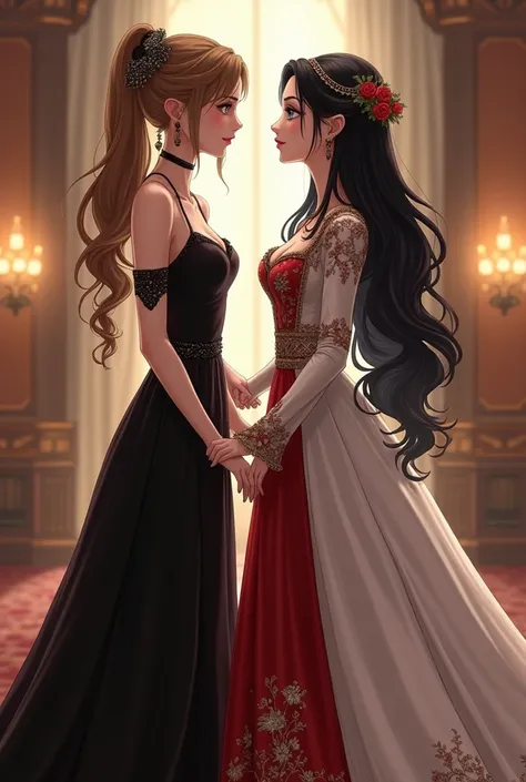 Nobleman Ryu&#39;s Wedding screenshot. 2 girls, facing each other looking at each other, It means they are in profile. 1: girl with light brown hair, delicate face, sharp look, dark brown eyes and tall, because of her black red platform heels, Elegant blac...