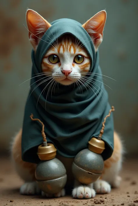 Un chat avec un hijab avec des bombe dans les pattes