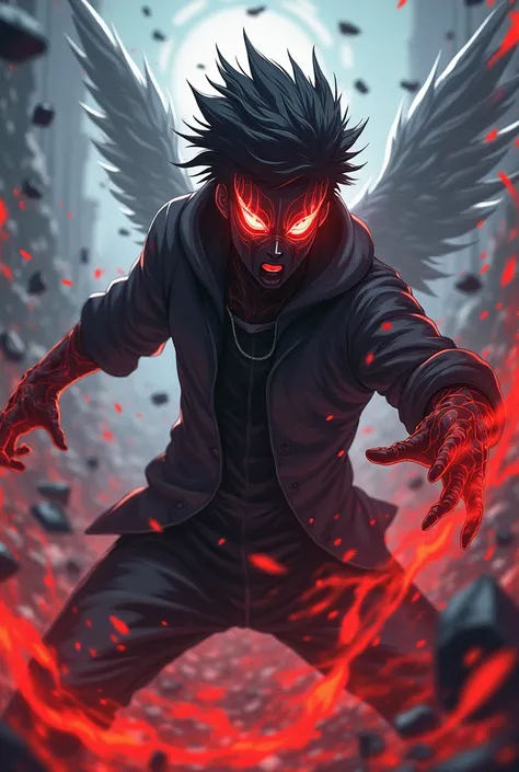 An anime boy half God half demon more powerful fighting or killing Who has glowing eyes And who has a mask so that you can&#39;t see his face only his glowing eyes 