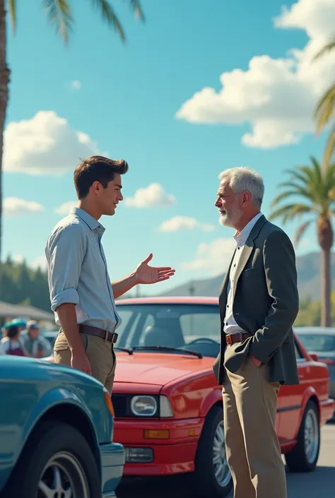 Create an image of a young man selling a car to a man