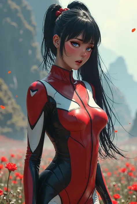 Super high quality, masterpiece, perfect illustration realistic mix, realistic 100%, extreme detail (exquisite light and shadow, highly dramatic picture,) Stroke, 1 girl, solo, (wearing red, black and white sci-fi suits,) sci-fi field, particle falling dow...