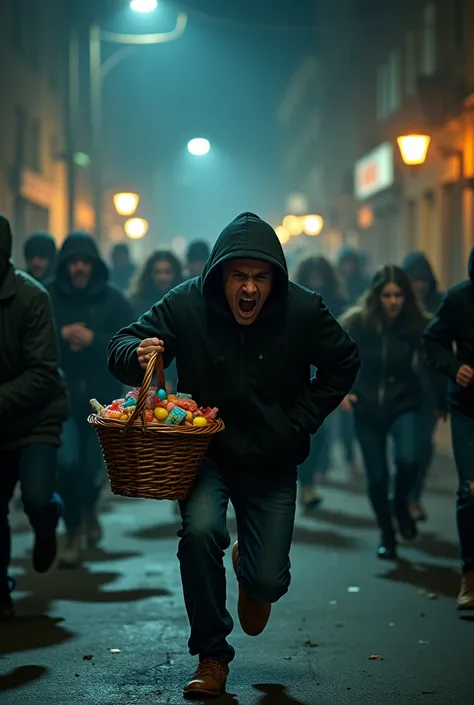 Crowd chases screaming man at night with basket of candy