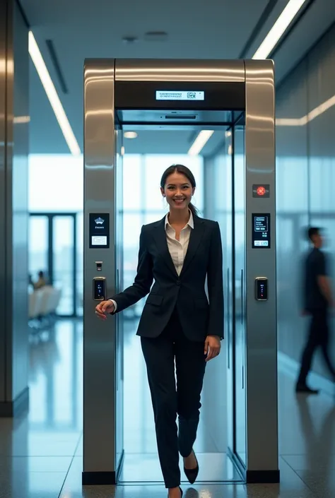 very technological image with a smiling businesswoman passing through an access control machine.