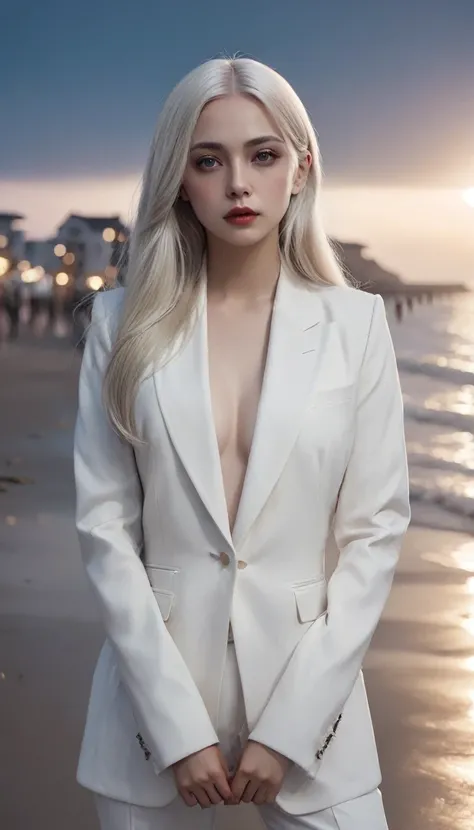 a beautiful detailed portrait of 1 girl, long white hair, pale skin, dramatic expression, intense gaze, thin eyebrows, elegant white suit, fur cape, proud expression, standing on a beach at night, detailed background, art by artgerm, cinematic lighting, ro...