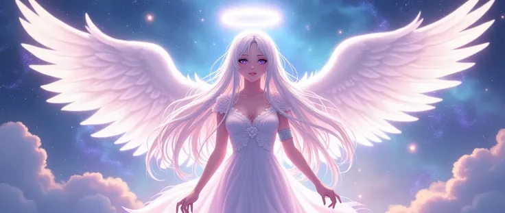 Anime art style, female character, white long hair, violet eyes, two big angel wings, with a light halo on the top of the head, wearing a white celestial custome, godess pose, celestial background