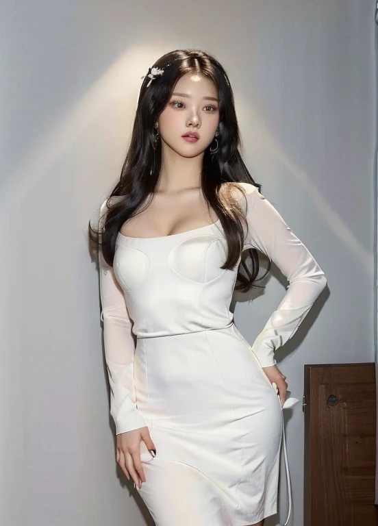 long wavy hair, white dress with intricate details, pure material, long sleeves, one hand on her hip, the other touching her hai...