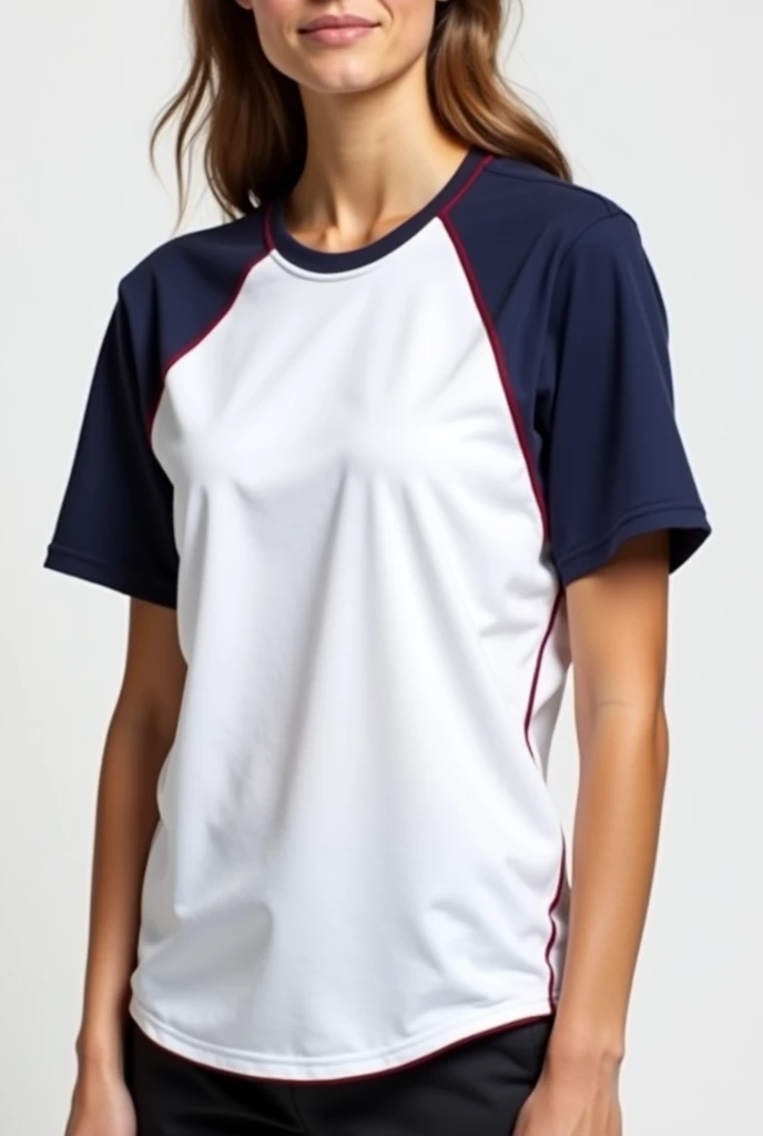 A white short-sleeved sports sweater, with dark blue sleeves and a wine red line where the short sleeve ends