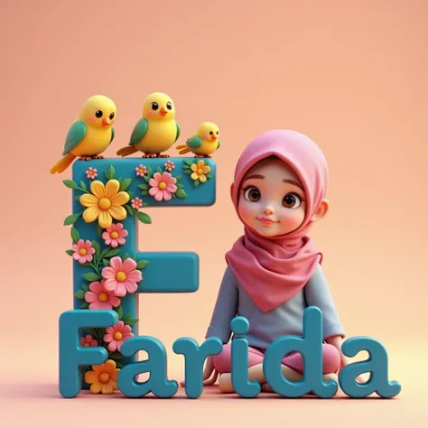 A cinematic 3D render of Disney style, a stylish hijab girl sitting next to a large, childrens-style letter F adorned with vibrant flowers and perched on by cheerful, colorful birds. The bright color background evokes a sense of purity and innocence. Below...