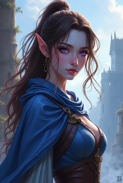 Create anime style half elf woman with blue skin, brown hair in ponytail, Lilac Eyes, with medieval style clothing and armor 