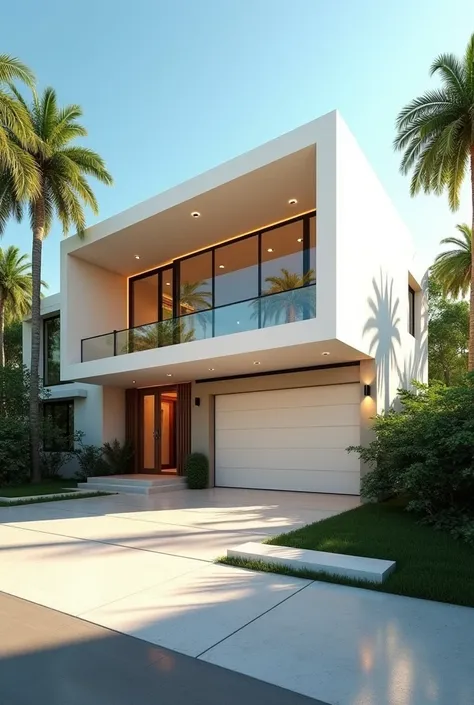 modern house , light colors , minimalist architecture, linhas limpas, geometric design, flat roof, light colored materials, Grand Entrance, glass doors, spacious garage, warm artificial lighting ,surrounded by greenery, Tropical plants, palm tree, Green bu...